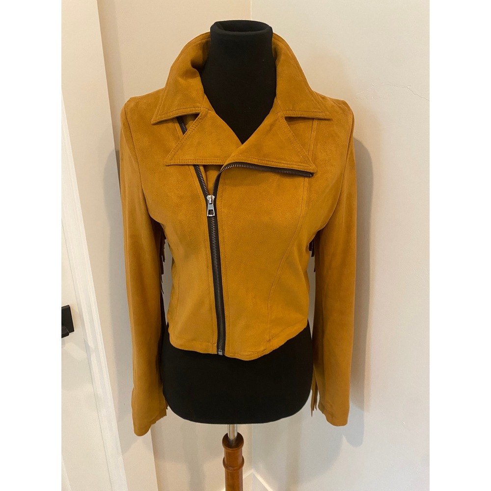 Jaase Mustard Yellow Faux Suede Fringe Moto Jacket Western Boho Small